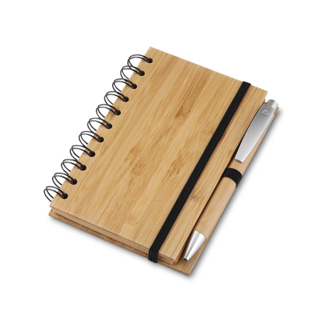 Caderno a6 capa em bambu com caneta (14x09cm) promocional