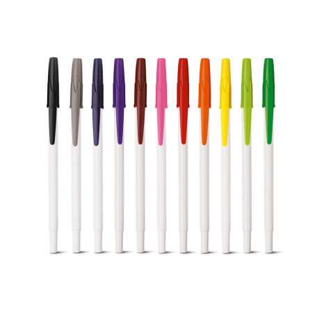 Caneta Plástica Branca Com Tampa Colorida