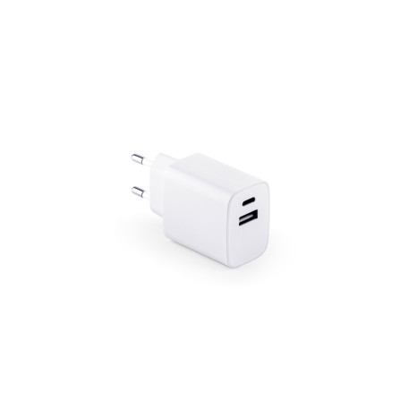 Adaptador de corrente com porta USB-A 18W e USB-C 20W em ABS 100% reciclado para brinde personalizado