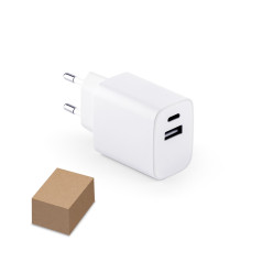 Adaptador de corrente com porta USB-A 18W e USB-C 20W em ABS 100% reciclado para brinde personalizado