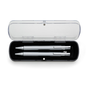 Kit estojo acrilico com caneta  lapiseira 5 aneis semi metal  com logotipo